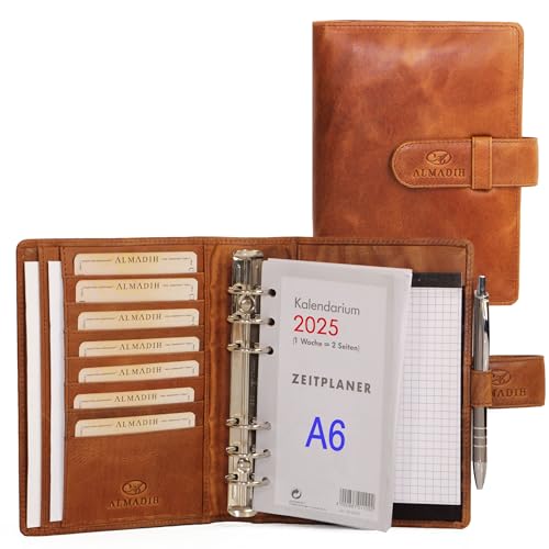 ALMADIH Leder A6 Terminplaner, Kalender 2024 Notizblock Premium Rindsleder BD Geschenkbox Ledermappe Mappe Schreibmappe Organizer Terminkalender Ringbuchmappe Pocket Kompakt braun (A6 Ter deluxe) von ALMADIH