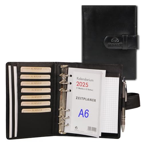 ALMADIH Leder A6 Terminplaner Kalender 2024 Notizblock Premium Leder SCH Geschenkbox Ledermappe Mappe Schreibmappe Organizer Terminkalender Ringbuch Aktenmappe Pocket Kompakt (A6 Ter schwarz) von ALMADIH