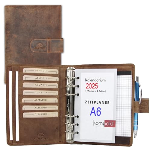 ALMADIH Leder A6 Terminplaner Kalender 2024 Notizblock aus Premium Rindsleder Braun Vintage in Geschenkbox – Ledermappe Mappe Schreibmappe Organizer Terminkalender Ringbuchmappe (Term A6 BV) von ALMADIH