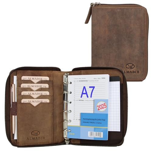 ALMADIH Leder A7 Organizer mit Reißverschluss Kalender 2024 Notizblock Premium Rindsleder Vintage Geschenkbox Ledermappe Mappe Schreibmappe Terminplaner Terminkalender Aktenmappe (Braun Antik) von ALMADIH