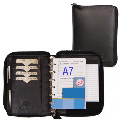 ALMADIH Leder A7 Organizer mit Reißverschluss Kalender 2024 Notizblock Premium Rindsleder Schwarz in Geschenkbox Ledermappe Mappe Schreibmappe Terminplaner Terminkalender Ringbuchmappe (Schwarz) von ALMADIH