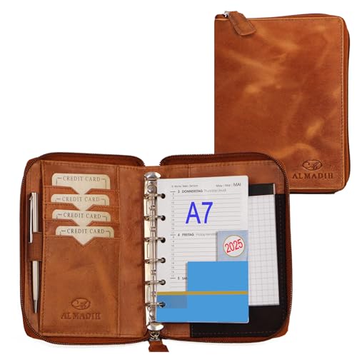 ALMADIH Leder A7 Organizer mit Reißverschluss + Kalender 2024 Notizblock Premium Rindsleder Braun Deluxe in Geschenkbox Ledermappe Mappe Schreibmappe Terminplaner Terminkalender Aktenmappe (BD) von ALMADIH