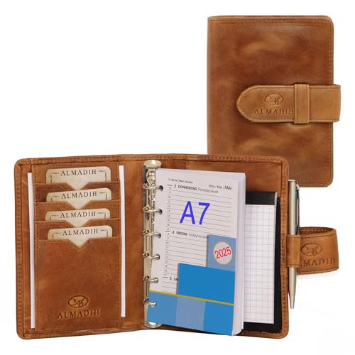 ALMADIH Leder A7 Terminplaner Kalender 2024 Notizblock Premium Rindsleder BD in Geschenkbox Ledermappe Mappe Schreibmappe Organizer Terminkalender Ringbuch Pocket Kompakt braun (A7 Term deluxe) von ALMADIH