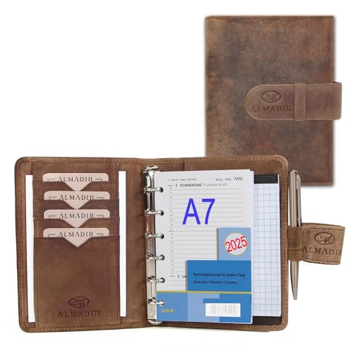 ALMADIH Leder A7 Terminplaner Kalender 2024 Notizblock Premium Rindsleder BV Geschenkbox Ledermappe Mappe Schreibmappe Organizer Terminkalender Ringbuch Pocket Kompakt braun (A7 Term vintage) von ALMADIH