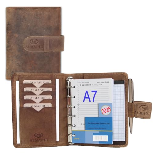 ALMADIH Leder A7 Terminplaner Kalender 2024 Notizblock Premium Rindsleder Braun Vintage in Geschenkbox Ledermappe Mappe Schreibmappe Organizer Terminkalender Ringbuchmappe Mini Pocket (T-A7-BV) von ALMADIH