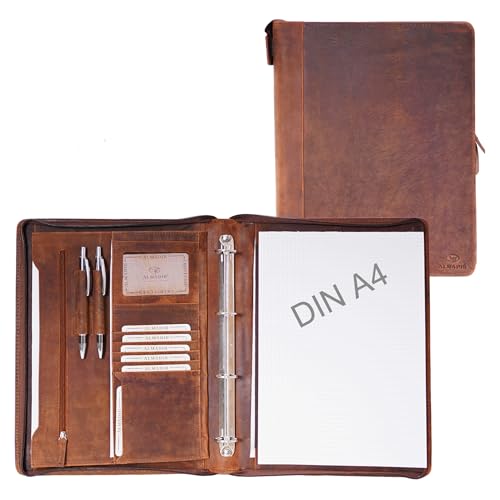 ALMADIH echt Leder A4 Dokumentenmappe mit Schreibblock BV Ledermappe Mappe Schreibmappe Organizer Terminkalender Ringbuchmappe Aktenmappe Konferenzmappe (Braun Vintage) von ALMADIH
