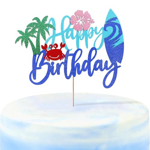 Tortenaufsatz mit Aufschrift "Happy Birthday", für den Sommer, Swimmingpool, Geburtstagskuchen, Hawaii, Strand, Happy Bthdy, Kuchendekoration, tropisches Surfen, Party-Dekorationen für Sommerferien von ALNGFUIK