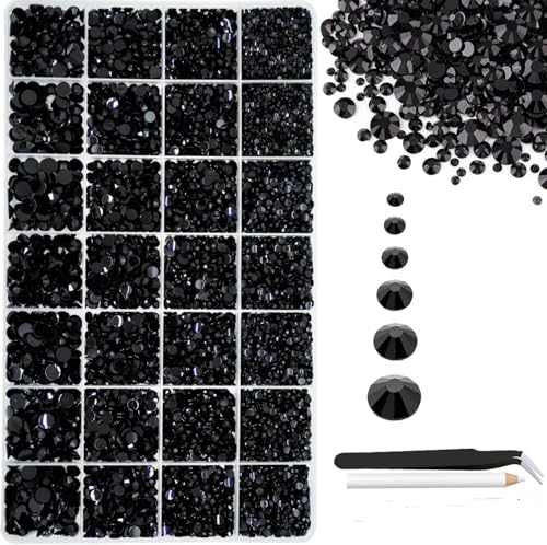 22000 Stück Harz-Strasssteine, schwarz, 2 mm3 mm4 mm5 mm6 mm, flache Rückseite, nicht thermisch restauriert, ss10 ss16 Edelsteine für DIY, Handwerk, Nägel (schwarz) von ALOCIAM