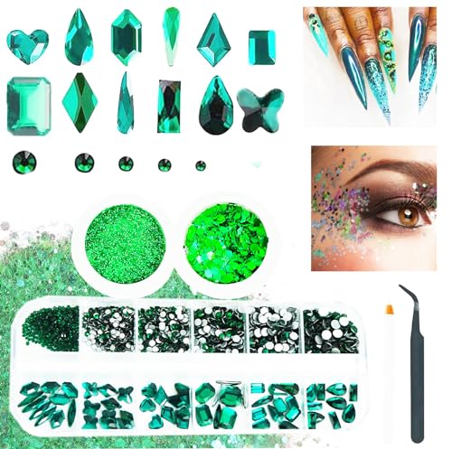 3-Boxen grüne Nagel Strass mit feinen Glitzer Kit, 1350Pcs große Auswahl smaragdgrüne Nagel Edelsteine mit Flatback Runde Steine, Kristalle Nagel Edelstein für Gesichter Körper DIY von ALOCIAM