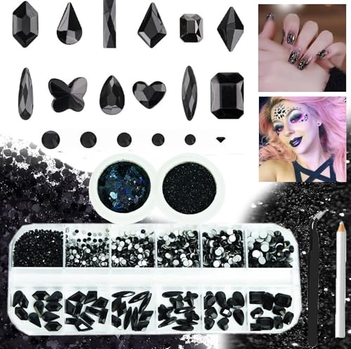 3 Boxes Black Nail Rhinestones with Fine Glitters Kit, 60Pcs Big Assorted Black Nail Gems with S6-S16 Flatback Round Stones, Crystals Nail Gem Stones for DIY Faces Body Crafts von ALOCIAM