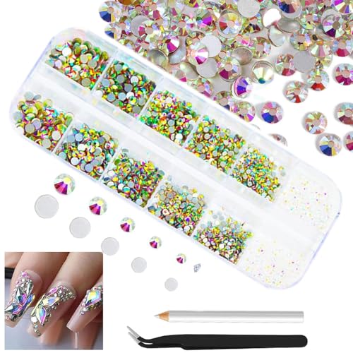 ALOCIAM 4200Stk AB Bunt Strass,Nagel Edelsteine Runde Flatback Steine Assortiert SS6-SS20 zu K9 Glas,AB Bunt Nagelkristalle Juwelen Nail Art Nail Charms für Nägel Augen Gesicht Make-up Handwerk DIY von ALOCIAM