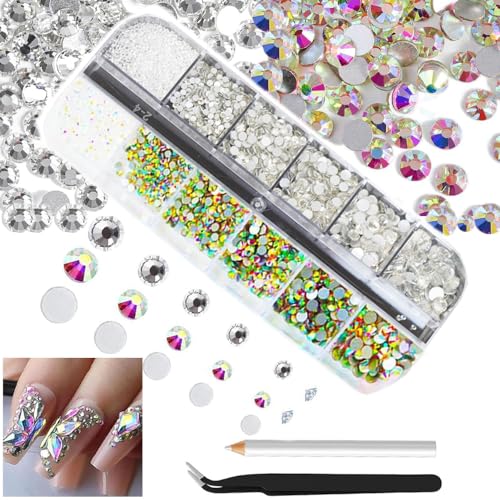 4200Stk Kristallweiß & AB Strass, Nagel Edelsteine Runde Flatback Steine Assortiert SS6-SS20 zu K9 Glas, Kristall & AB Nagelkristalle Juwelen Nail Art Nail Charms für DIY Nägel Augen DIY von ALOCIAM