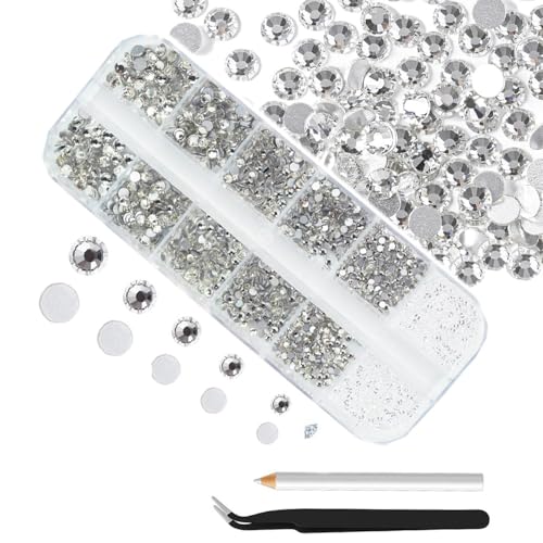 4200 Stk weißer Kristall Strass, Nagel Edelsteine Silber Runde Flatback Steine Assortiert SS6-SS20 zu K9 Glas, Silber Nagelkristalle Juwelen Nail Art Nail Charms für Nägel Augen Gesicht DIY von ALOCIAM