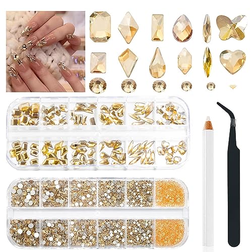 2680Stk Glitzersteine Gesicht Gold, Champagner Goldene Glitzersteine Gesicht Nägel Mit Glitzer Perlen Nagel Gold Nagel Art Charms, Edelstein Schmuck Diamant für Nagel Dekorationen Kristalle Steine von ALOCIAM