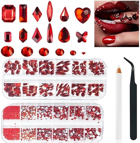 Rote Strasssteine Nagel Steine, 2680Stk Nagelsteine Gelnägel für Glanz Nail Art Make-up DIY Dekoration Flatback Runde Bead Strass Edelstein Schmuck Diamant,Glas Strasssteine für Nägel Klein Set von ALOCIAM