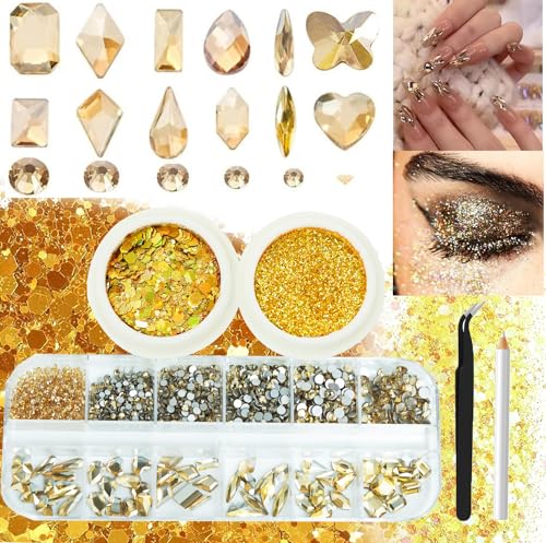 3-Boxen Champagner Nagel Strass mit feinen Glitzer Kit, 60Pcs große Auswahl goldene Nagel Edelsteine mit S6-S16 Flatback Runde Steine, Kristall Nagel Edelsteine für Gesichter Körper DIY Handwerk von ALOCIAM