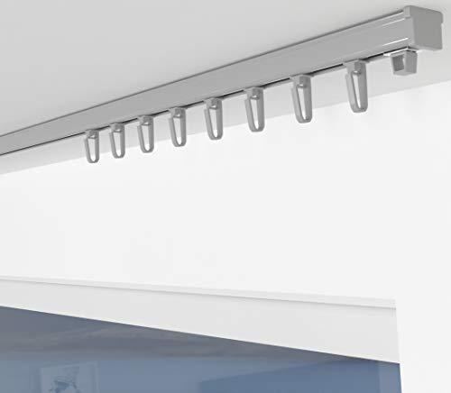 ALOHA Gardinenschiene aus Aluminium Vorhangschienen, Deckenbefestigung 1, 2, 3, 4, 5 -läufig für Schiebevorhänge, Vorhänge (ITU / 1-läufig / 240cm / mit Faltenlegehaken/Grau) von ALOHA