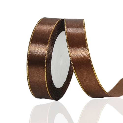 Geschenkband Kaffee 20mm Breit, 23 Meters Goldränder Satinband Braun Geschenkbänder Stoff Schleifenband Dekoband zum Geschenkverpackung, Bastelarbeiten, Geburtstag und Hochzeitsdekoration von ALOHOVME