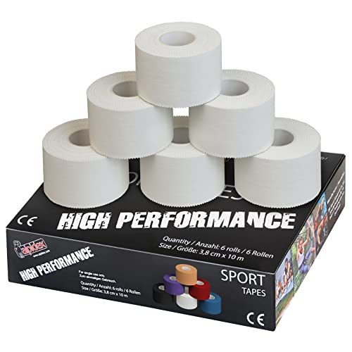 ALPIDEX 6 Rollen Sport Tape Set 3,8 cm x 10 m Tapeverband Weiß Reißbares Gelenk Tape Unelastisches Sporttape Hautfreundlich Handball Fußball Volleyball von ALPIDEX
