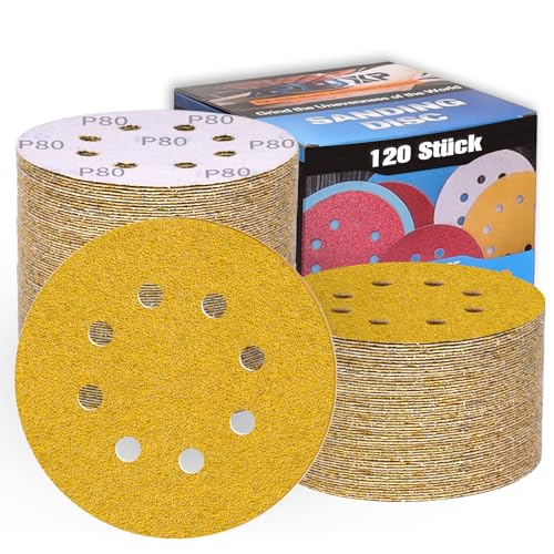 120 Stück Schleifscheiben 125mm Klett Exzenterschleifer Schleifpapier 8 Loch Schleifblätter(Mit Korn P40 P60 P80 P120 P180 P240 P320 P400 x15) Profi Für Holz Metall Entrosten und Farbe von ALPXUXP