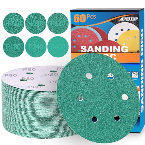 ALPXUXP Schleifscheiben 150mm Klett 6-Loch Schleifpapier Profi für Exzenterschleifer- je10x P60 P80 P120 P180 P240 P400 Mischkorn(60 Stück) von ALPXUXP