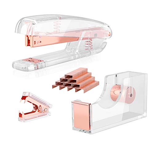 ALSISK Schreibtisch-Zubehör-Set, Acryl-Heftgerät-Set, Klebebandabroller, Heftklammerentferner mit 1000 Stück 26/6 Heftklammern, Roségold ALSISK Schreibtisch-Zubehör-Set, Acryl-Heftgerät-Set, Klebebandabroller, Heftklammerentferner mit 1000 Stück 26/6 Heftklammern, Roségold von ALSISK
