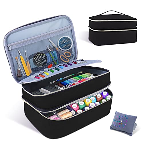 Nähzubehör-Organizer-Tasche, doppellagiges Nähkästchen, Organizer, Zubehör, Aufbewahrungstasche, großer Nähkorb, Reise-Damen-Nähkästchen für Nähzubehör, Scheren, Faden, Nadeln, Clips, (schwarz) Nähzubehör-Organizer-Tasche, doppellagiges Nähkästchen, Organizer, Zubehör, Aufbewahrungstasche, großer Nähkorb, Reise-Damen-Nähkästchen für Nähzubehör, Scheren, Faden, Nadeln, Clips, (schwarz) von ALSLEA