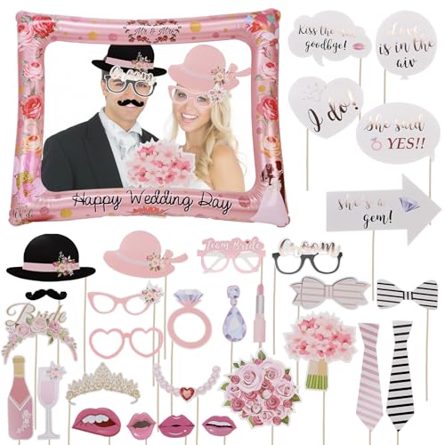 ALULU 32 Stück Fotobox Accessoires Hochzeit, Foto Requisiten Hochzeit und Photo Booth Brautpaar Aufblasbarer Fotorahmen und Luftpumpe von ALULU