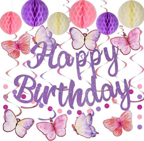 Geburtstagsdekorationen, NO DIY, vorbespannte Happy Birthday Banner mit Wabenbälle, hängende Wirbel, Kreis Punkte Girlande, Happy Birthday Party Dekorationen für Frauen Männer Jungen Mädchen (Lila) Geburtstagsdekorationen, NO DIY, vorbespannte Happy Birthday Banner mit Wabenbälle, hängende Wirbel, Kreis Punkte Girlande, Happy Birthday Party Dekorationen für Frauen Männer Jungen Mädchen (Lila) von ALUNME