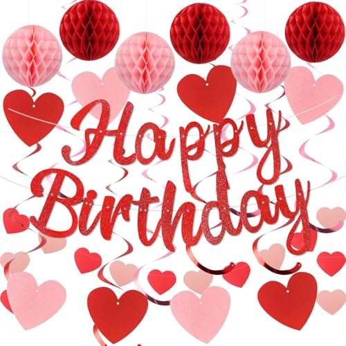 Geburtstagsdekorationen, NO DIY, vorbespannte Happy Birthday Banner mit Wabenbälle, hängende Wirbel, Kreis Punkte Girlande, Happy Birthday Party Dekorationen für Frauen Männer Jungen Mädchen (Rot) Geburtstagsdekorationen, NO DIY, vorbespannte Happy Birthday Banner mit Wabenbälle, hängende Wirbel, Kreis Punkte Girlande, Happy Birthday Party Dekorationen für Frauen Männer Jungen Mädchen (Rot) von ALUNME