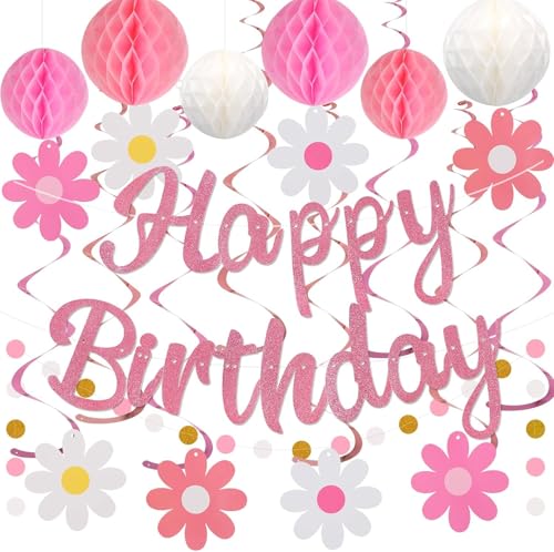 Rosa Geburtstagsdekorationen, KEIN DIY, vorbespannte Happy Birthday Banner mit Wabenbällen, hängende Wirbel, Kreis Punkte Girlande, Happy Birthday Party Dekorationen für Frauen Männer Jungen Mädchen Rosa Geburtstagsdekorationen, KEIN DIY, vorbespannte Happy Birthday Banner mit Wabenbällen, hängende Wirbel, Kreis Punkte Girlande, Happy Birthday Party Dekorationen für Frauen Männer Jungen Mädchen von ALUNME