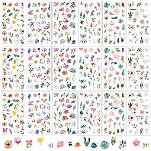 18 Blatt Sticker Blumen,Blumen Scrapbooking Aufkleber,Pflanzen Aufkleber,Unterschiedliche Muster Blumen Pflanzen Blätter Aufkleber für DIY Basteln Scrapbook Album Journals Fotoalbum von ALUYF