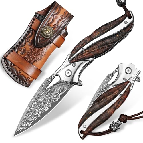 ALVELY Handgemachtes Damaszenerstahl-Klappmesser mit Rindslederscheide, Liner Lock, Holzgriff, Herren-Klappmesser für Bergwanderungen, Camping-Abenteuer, als Geschenk, EDC-Utility-Messer von ALVELY
