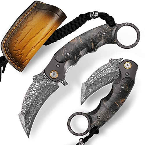 Handgefertigtes Damaszener-Stahl-Klappmesser, mit Rindslederscheide und Taschenclip, 2.8in Klinge, Klappmesser, Futterschloss, Holzgriff, Männer und Frauen Outdoor-Camping-Dienstprogramm Messer von ALVELY