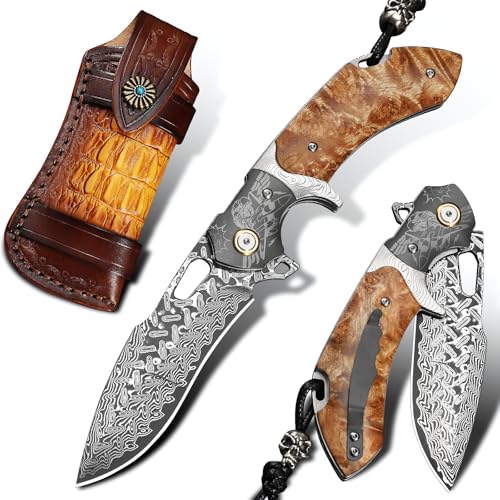 Handgefertigtes Damaszener Stahl Klapptaschenmesser, EDC Messer für Männer mit Lederscheide, Taschenclip, Fighter Muster, weißer Shadow Holzgriff für Outdoor Jagd, Angeln und Camping Utility Messer von ALVELY