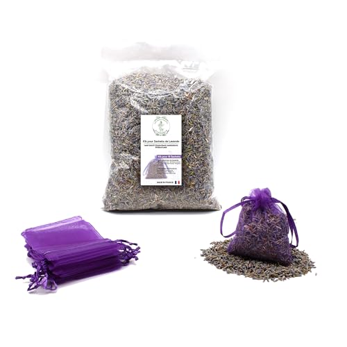 Set für Lavendelsäckchen – 100 g Lavendel + 10 Organzabeutel – Lavendel 2023 und 100 % Französisch von ALVENDIA