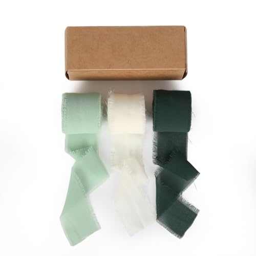 ALXBSONE 3 Rollen Chiffonband Geschenkband Grün Seidenfransen Handmade 4cm*6.5m Creme & Weiß für Geschenkverpackung Hochzeit Einladungen Brautsträuße von ALXBSONE