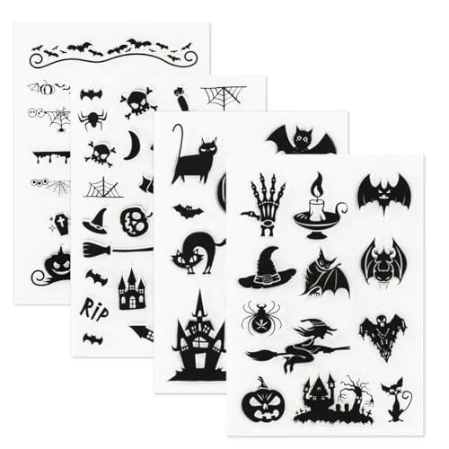 ALXBSONE Clear Stamps für DIY Scrapbooking, 4 Blatt Halloween Klar Silikonstempel, Kürbis-Skelett-Fledermäuse Briefmarken, Transparente Stempel Die Herstellung von Karten Fotoalbum Dekoration von ALXBSONE