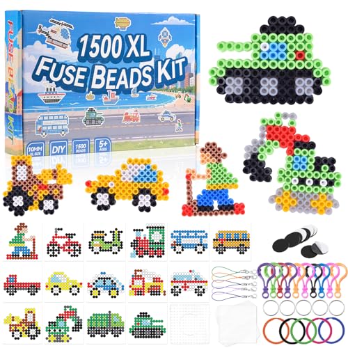 ALYLDSGS 1500 Stück 10mm Bügelperlen Set, 12 Bunte Farben XL Steckperlen mit 15 Verkehrs Thema Muster, Steckplatte, Bügelpapier und Pinzette ab 3 jahre für Kinder Kreatives Perlenset von ALYLDSGS