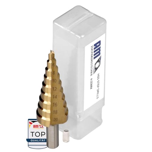 AM-Zerspanungstechnik HSS TiN Stufenbohrer 4-20mm | Kegelbohrer für Metall, Holz, Kunststoff | Schälbohrer | Blechschälbohrer | Stufenbohrer Metall (Ø4-20 HSS-TiN) von AM-Zerspanungstechnik