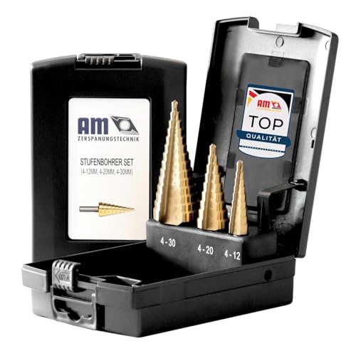 AM-Zerspanungstechnik HSS TiN Stufenbohrer Set 3-tlg | Schälbohrer Satz | Stufenbohrer Metall, Holz, Kunststoff | Konusbohrer (3er Set Ø4-12 | Ø4-20 | Ø4-30) von AM-Zerspanungstechnik