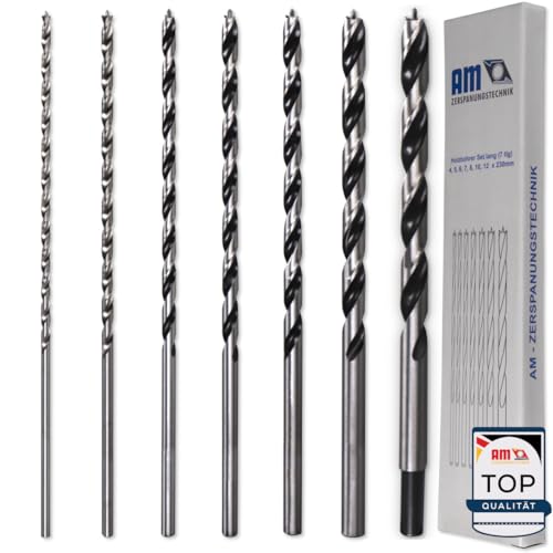 AM-Zerspanungstechnik Holzbohrer Set lang (7-teilig) | Schlangenbohrerset Ø4, 5, 6, 7, 8, 10, 12 x 230mm | Profi Bohrer Set für Holz | Holzspiralbohrer, lange Schalungsbohrer, Lochbohrer Holz von AM-Zerspanungstechnik