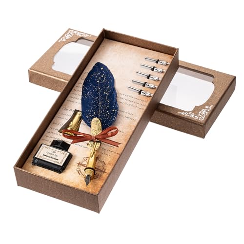 AMAKO Vintage Stift und Tinten Set mit 5 Ersatznibs, Retro Dip Stift für Kalligraphie, Handschrift, Unterschrift, Ideale Geschenkbox für Studenten und Freunde (Marineblau) von AMAKO
