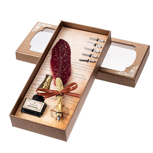 AMAKO Vintage Stift und Tinten Set mit 5 Ersatznibs, Retro Dip Stift für Kalligraphie, Handschrift, Unterschrift, Ideale Geschenkbox für Studenten und Freunde (Rot) von AMAKO