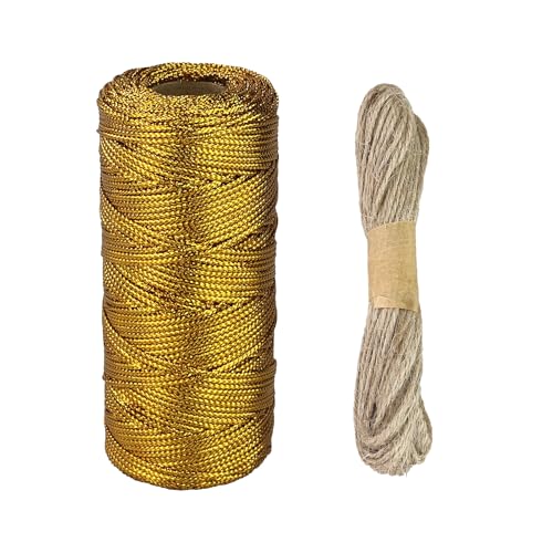 100m Goldband mit 10m Naturhanfseil, DIY Bastelschnur, Nicht elastische Goldschnur für Bastelarbeiten, Hochzeiten, zum Dekorieren oder Verpacken (Gold, Flachs) von AMANDELIZABE