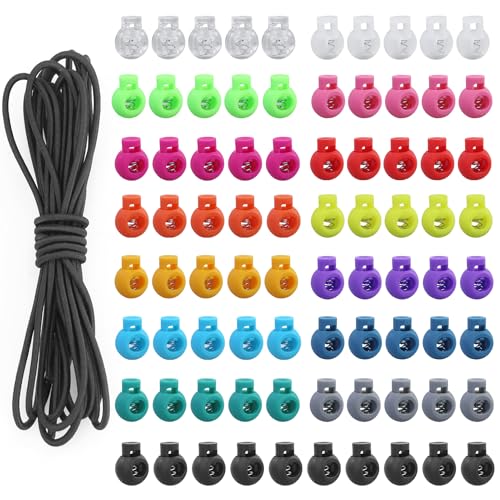 85 Stück Kordelklemme, runder bunter Kordelverschluss mit 1 Stück elastischer Kordel, EIN-Loch-Installation, Feder-Kipp-Stopp-Klemme, für Kleidung, Schuhe, Zelt, Camping (Multicolor) von AMANDELIZABE