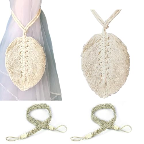 AMANDELIZABE 2 Stück Raffhalter für Vorhang, geflochten Mit 2 Stück Krawatte Beige, aus Seil, Klammern, Boho, Baumwolle, Vorhänge, dekoratives Zubehör für Fenster, Haus, Beige (14,5 x 12 cm) von AMANDELIZABE