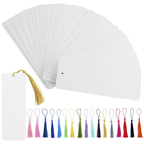 Blanko Lesezeichen, 62 Stück Leeres Lesezeichen mit 62 Bunten Quasten, Papier Lesezeichen Basteln mit Loch, Lesezeichen Rohlinge Set für DIY Handwerk Geschenkanhänger (Weiß, 14x5cm) von AMANDELIZABE