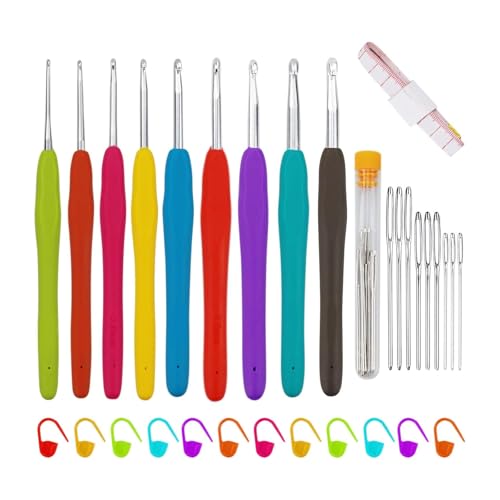 AMANDELIZABE Häkelnadel-Set, 9 Stück Aluminium-Häkelnadeln mit 40 Markiernadeln, 9 Nadeln, 1 Lineal, ergonomischer Gummi-Griff, weicher Griff, bunt, Größen: 2.0-6.0 mm AMANDELIZABE Häkelnadel-Set, 9 Stück Aluminium-Häkelnadeln mit 40 Markiernadeln, 9 Nadeln, 1 Lineal, ergonomischer Gummi-Griff, weicher Griff, bunt, Größen: 2.0-6.0 mm von AMANDELIZABE