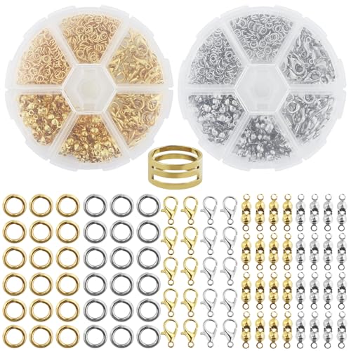Kettenverschluss, 1140 Stück Armband Verschluss Set, 2 Farben Ketten Verschlüsse, Gold Silber Karabinerverschluss und Biegeringe und Crimpenden, für Halsketten Armband, Fußkette, Schmuck Basteln DIY Kettenverschluss, 1140 Stück Armband Verschluss Set, 2 Farben Ketten Verschlüsse, Gold Silber Karabinerverschluss und Biegeringe und Crimpenden, für Halsketten Armband, Fußkette, Schmuck Basteln DIY von AMANDELIZABE
